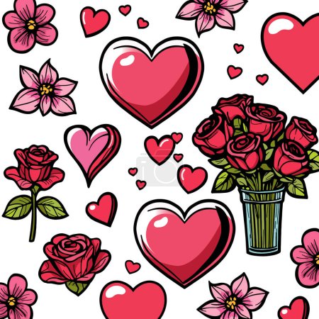 Kollektion von bunten Herzen und verschiedenen Arten von Blumen auf einem schlichten weißen Hintergrund. Muttertag, Liebe, Niedlich, Hochzeit, Weiß, Rot, Rosa, Grün, Isoliert, Edite