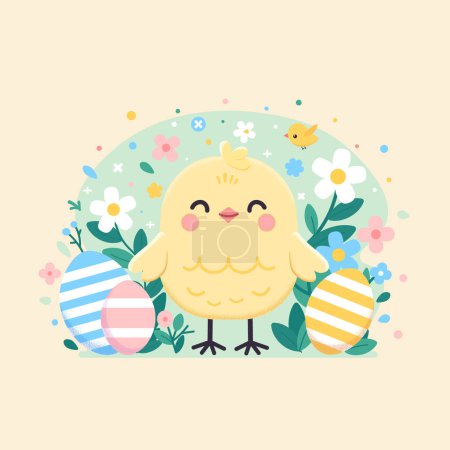 Illustration for Illustration of a yellow chicken among flowers for an Easter card or holiday decoration. Charming, round yellow chick with a simple and contented expression, standing amidst a field of colorful flowers - Royalty Free Image