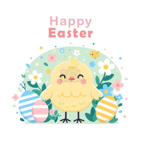 Illustration for Plump yellow chick standing proudly in the center with text Happy Easter. The chick is set against a backdrop of a lush green meadow dotted with flowers of various colors, and there's a little bird flying overhead - Royalty Free Image