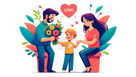 Fête des parents, le mari présente à sa femme un grand bouquet de fleurs, et leur fils se tient à côté de lui.