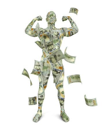 3D rendering of human figure made up of US dollar notes
