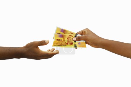 Téléchargez les photos : Main donnant des billets en franc comorien rendus en 3D à une autre main. Main recevant de l'argent - en image libre de droit