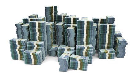 Téléchargez les photos : Grande pile de notes de dinar koweïtien. Beaucoup d'argent isolé sur fond blanc. 3d rendu de faisceaux de trésorerie - en image libre de droit