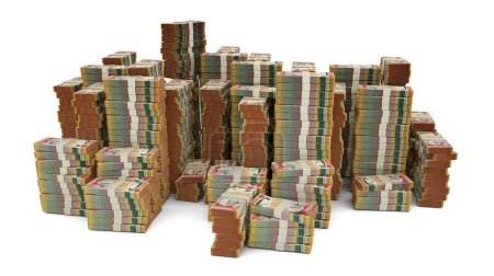 Téléchargez les photos : Grande pile de notes de roupie mauricienne. Beaucoup d'argent isolé sur fond blanc. 3d rendu de faisceaux de trésorerie - en image libre de droit
