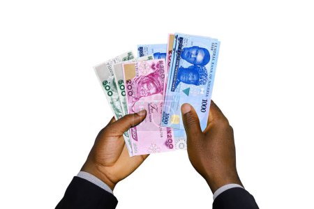 Photo for Black Hands in suit holding 3D rendered New Nigerian Naira notes - Royalty Free Image