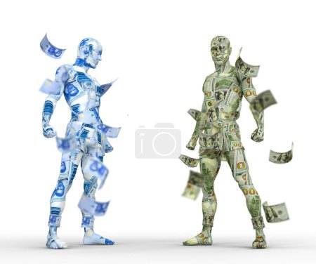 Foto de Dólar estadounidense vs Nigeria naira, comercio de divisas, emparejamiento de divisas, personajes humanos hechos de dinero, lucha contra divisas, representación 3d - Imagen libre de derechos