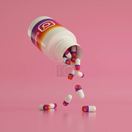 Téléchargez les photos : Rendu 3D des logos Instagram comme des pilules de drogue coulant d'une bouteille blanche. concept de dépendance aux médias sociaux - en image libre de droit