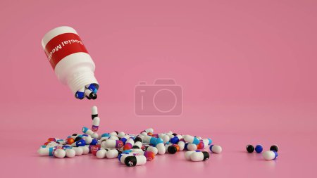 Photo for 3D rendering of various popular social media logos as drug pills pouring out from a white bottle. social media addiction concept - Royalty Free Image