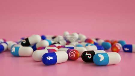 Téléchargez les photos : Rendu 3D de divers logos populaires de médias sociaux comme des pilules de drogue dispersées sur le sol rose. concept de dépendance aux médias sociaux - en image libre de droit