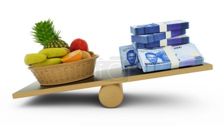 Téléchargez les photos : Inflation au Nigeria, Peser la monnaie nigériane par rapport aux denrées alimentaires, coût de la vie élevé, rendu 3d - en image libre de droit