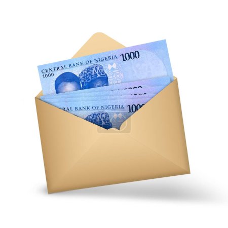 Nigerianische Naira-Notizen in einem offenen braunen Umschlag. 3D-Darstellung von Geld in einem offenen Umschlag