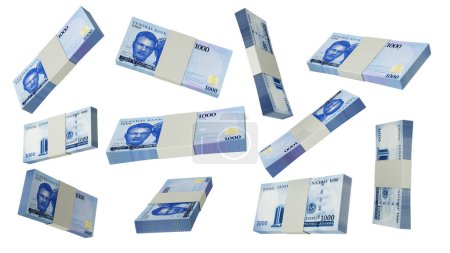 rendu 3D de piles de 1000 billets de naira nigérians volant sous différents angles et orientations isolés sur fond blanc
