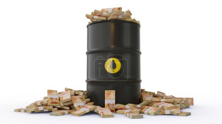 Foto de Pilas de notas bolívares venezolanas dentro del barril de petróleo negro aisladas sobre fondo blanco. renderizado 3d - Imagen libre de derechos
