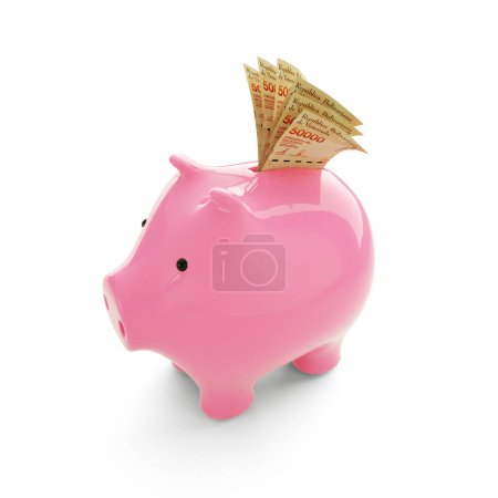 Foto de Bolívar venezolano notas dentro rosa Piggy Bank, dinero en alcancía, concepto de ahorro, 3d rendering - Imagen libre de derechos