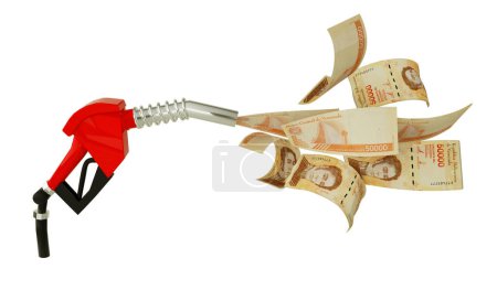 Foto de 3d rendering of Venezuelan bolivar notes coming out from fuel pump. boquilla de combustible rojo con bolívares venezolanos volando alrededor - Imagen libre de derechos
