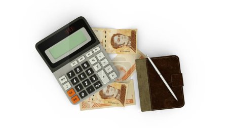 Foto de D representación de una composición aislada de notas bolívares venezolanas, una calculadora, un cuaderno de notas y un bolígrafo - Imagen libre de derechos
