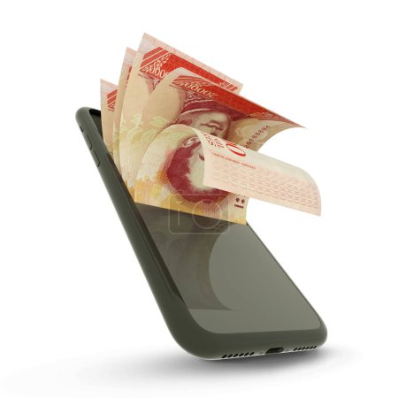 Foto de Representación en 3D de notas bolívares venezolanas dentro de un teléfono móvil. dinero que sale del teléfono móvil - Imagen libre de derechos