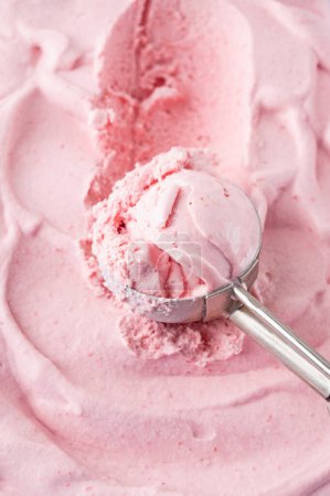 Photo for Strawberry ice cream with spoon. Ice cream food background. Close up, top view - Royalty Free Image
