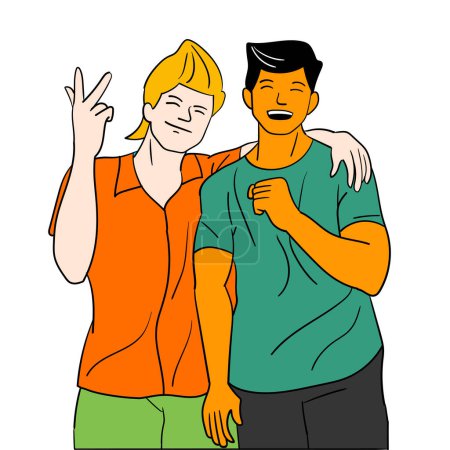 Illustration for Two guys best friends have great times together multiethnic people - Royalty Free Image
