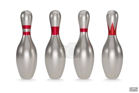 Téléchargez les illustrations : Épingles de bowling réalistes en argent avec des rayures rouges isolées sur fond blanc. Icône de bowling métal. Illustration vectorielle 3D. - en licence libre de droit