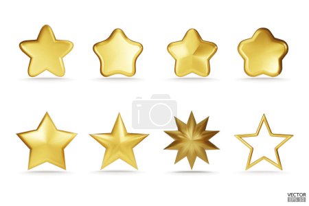 Premium Set of gold 3d stars icon for apps, products, websites, and mobile applications. Cute cartoon golden stars quality rating isolated on white background. 3D vector illustration.