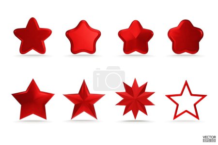 Premium Set roter 3D-Sterne-Symbole für Apps, Produkte, Webseiten und mobile Anwendungen. Netter Cartoon rote Sterne Qualitätsbewertung isoliert auf weißem Hintergrund. 3D-Vektordarstellung.