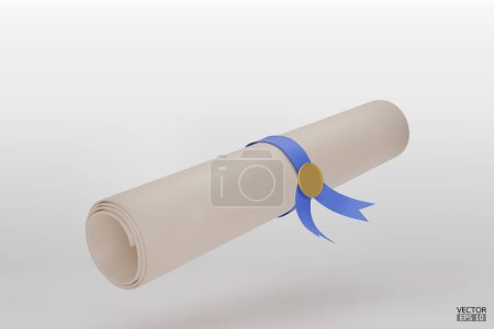 Illustration for Diploma, close up of paper scroll with blue ribbon isolated on white background. Graduation Degree Scroll with Medal. Education certificate graduation scroll icon.  3D vector illustration. - Royalty Free Image