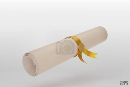 Illustration for Diploma, close up of paper scroll with yellow ribbon isolated on white background. Graduation Degree Scroll with Medal. Education certificate graduation scroll icon.  3D vector illustration. - Royalty Free Image