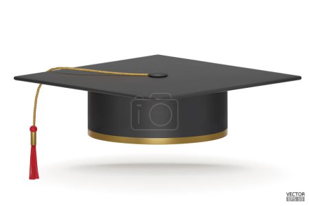 Illustration for 3D realistic Graduation university or college black cap isolated on white background. Graduate college, high school, Academic, or university cap. Hat for degree ceremony. 3D vector illustration. - Royalty Free Image
