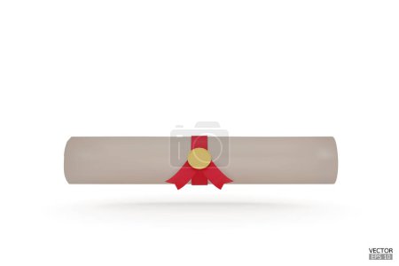Illustration for Diploma, close up of paper scroll with red ribbon isolated on white background. Graduation Degree Scroll with Medal. Education certificate graduation scroll icon.  3D vector illustration. - Royalty Free Image