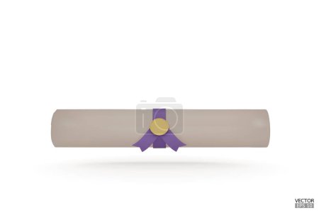 Illustration for Diploma, close up of paper scroll with purple ribbon isolated on white background. Graduation Degree Scroll with Medal. Education certificate graduation scroll icon.  3D vector illustration. - Royalty Free Image