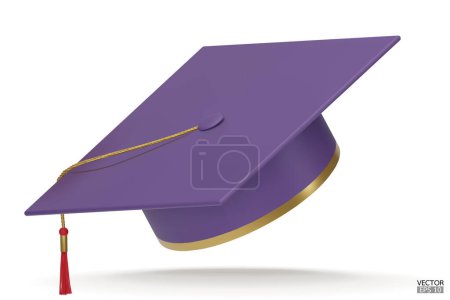 Illustration for 3D realistic Graduation university or college purple cap isolated on white background. Graduate college, high school, Academic, or university cap. Hat for degree ceremony. 3D vector illustration. - Royalty Free Image