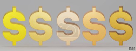 Illustration for Set of gold US dollar currency symbol isolated on white background. Golden dollar sign. 3D signs money currency sign. 3D vector Illustration. - Royalty Free Image