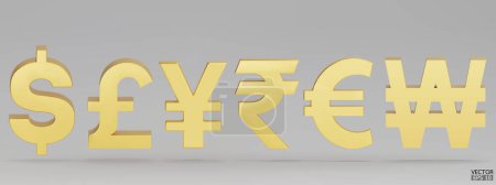 Illustration for Set of gold currency symbol isolated on white background. Dollar, British Pounds, Japanese yen, Indian Rupee, Euro and Korean Won sign. 3D golden money currency signs. 3D vector Illustration. - Royalty Free Image