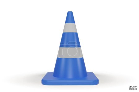 3d traffic cones with white and blue stripes isolated on white background. Construction cone icon. Single blue traffic warning cone. Under construction, and maintenance. 3D vector illustration.