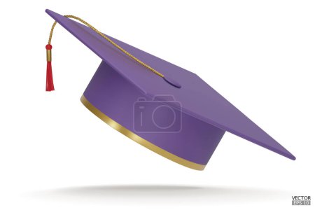 Illustration for 3D realistic Graduation university or college purple cap isolated on white background. Graduate college, high school, Academic, or university cap. Hat for degree ceremony. 3D vector illustration. - Royalty Free Image
