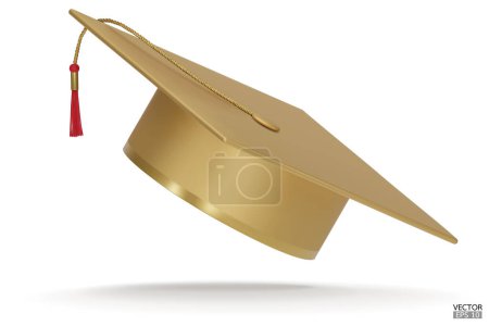Illustration for 3D realistic gold Graduation university or college black cap isolated on white background. Graduate college, high school, Academic, or university cap. Golden Hat for degree ceremony. 3D vector illustration. - Royalty Free Image