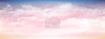 Illustration for Sweet sky and white soft clouds floated in the sky on a clear day. Beautiful air and sunlight with cloud scape colorful. Sunset sky for background. Blue to pink sky vector illustration. - Royalty Free Image