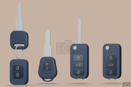 Set of electronic car keys with alarm system. Realistic blue car keys are isolated on beige background. Modern car flip key. 3D Vector illustration.