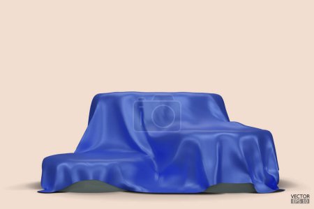 Illustration for Podium covered with a piece of blue silk isolated on beige background. Realistic box covered with blue cloth. Podium for product, cosmetic presentation. Creative mock up. 3d vector illustration. - Royalty Free Image
