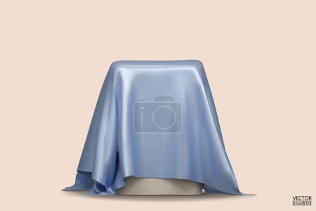 Illustration for Podium covered with a piece of blue silk isolated on beige background. Realistic box covered with blue cloth. Podium for product, cosmetic presentation. Creative mock up. 3d vector illustration. - Royalty Free Image