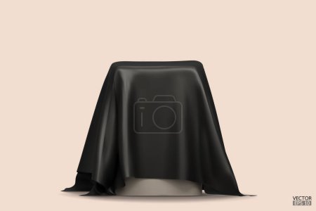 Podium bedeckt mit einem Stück schwarzer Seide auf beigem Hintergrund. Realistische Schachtel, bedeckt mit dunklem Tuch. Podium für Produkt, kosmetische Präsentation. Kreative Attrappe. 3D-Vektor-Illustration.
