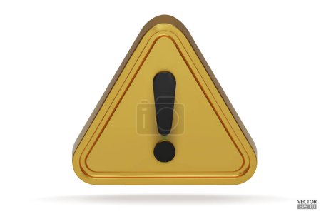 Cartel de advertencia triángulo oro realista 3d aislado sobre fondo blanco. Señal de advertencia de peligro con símbolo de signo de exclamación. Peligro, alerta, icono de atención peligrosa. Ilustración vectorial 3D.