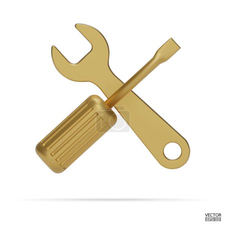 3D realistischer Goldschlüssel und Schraubendreher Icon Set isoliert auf weißem Hintergrund. Reparatur-Symbol, Handwerkzeug-Symbol 3D-Darstellung.