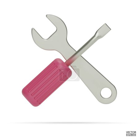 Clé rose réaliste 3d et icône de tournevis mis isolé sur fond blanc. icône de réparation, icône d'outils à main illustration de rendu 3d.