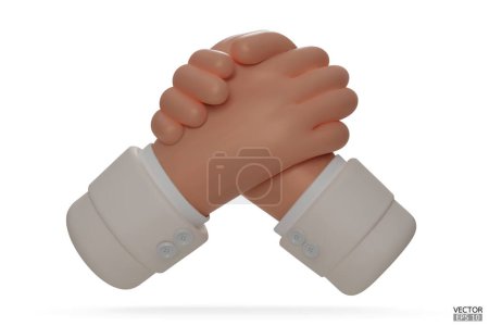 Halten Sie die Hände in den Schoß. Armdrücken. Weiße Hülle mit Handschlag, Händeschütteln, erfolgreicher Deal, Partner, Freundschaft, Kooperationskonzept. 3D-Vektordarstellung.