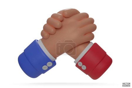 Halten Sie die Hände in den Schoß. Armdrücken. Rot und blau mit Handschlag, Händeschütteln, erfolgreicher Deal, Partner, Freundschaft, Kooperationskonzept. 3D-Vektordarstellung.