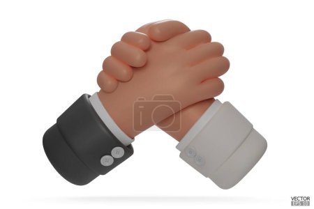 Halten Sie die Hände in den Schoß. Armdrücken. Schwarz-weiß mit Handschlag, Händeschütteln, erfolgreicher Deal, Partner, Freundschaft, Kooperationskonzept. 3D-Vektordarstellung.