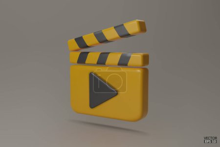 Yellow Clapper Board Ikone. Mediaplayer-Symbole. Videoplayer-Symbole. Film clapperboard, video film equipment. 3D Vektor Illustrationen.
