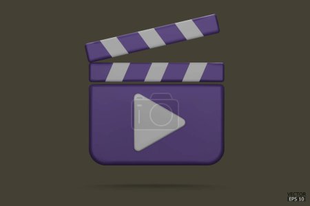 Purple Clapper icono de la placa. Iconos del reproductor multimedia. Iconos de reproductor de vídeo. Película Clapper, película clapperboard, vídeo película clapper equipo. Ilustraciones vectoriales 3D.